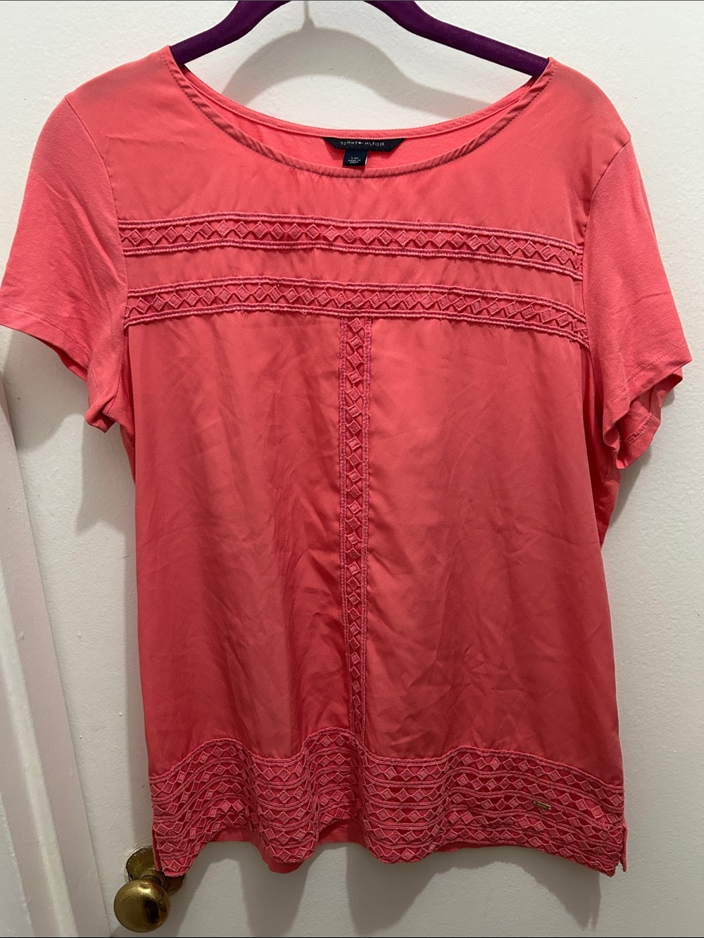 Tommy Hilfiger Coral Crochet-Trim Short Sleeve Tee